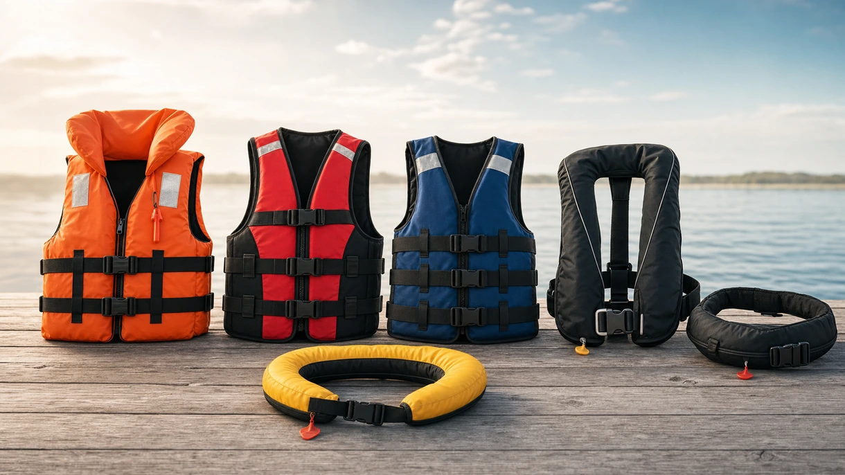 Equipaggio di coperta che indossa giubbotti di salvataggio gonfiabili professionali SOLAS durante le operazioni di manutenzione su una nave a motore commerciale in mare.