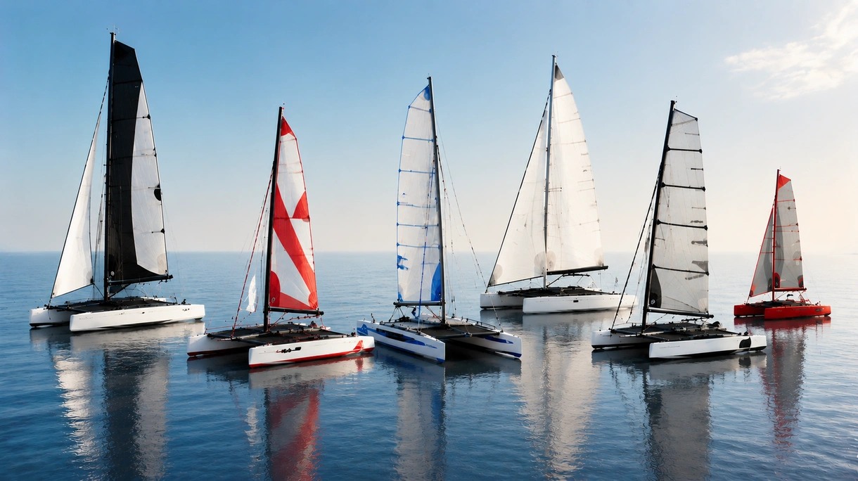 Catamarano sportivo professionale durante una transizione foil ad alta velocità in una regata d'altura con equipaggio tecnico da competizione a bordo.