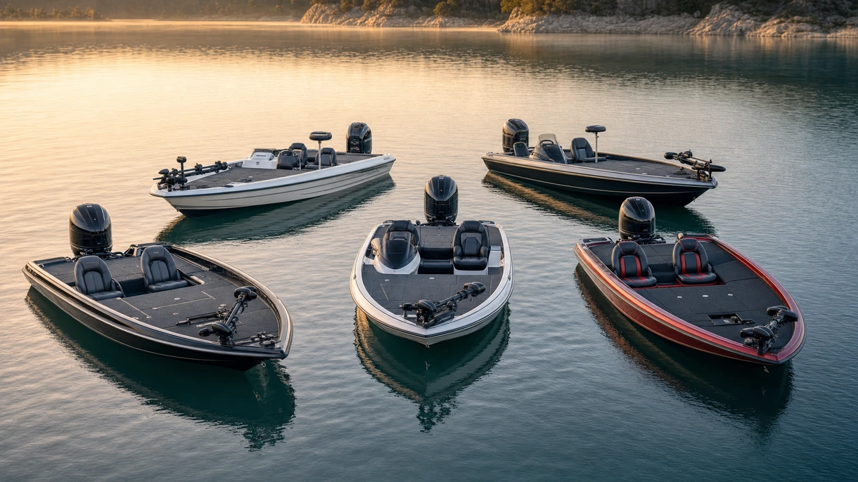 Bass boat professionale che naviga in un porto costiero ad alta velocità durante una valutazione delle prestazioni tecniche per proprietari di flotte.