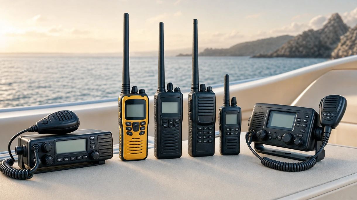 Radio VHF marina professionale installata su una plancia commerciale che mostra il monitoraggio attivo del canale di navigazione e della chiamata selettiva digitale (DSC) per il soccorso.