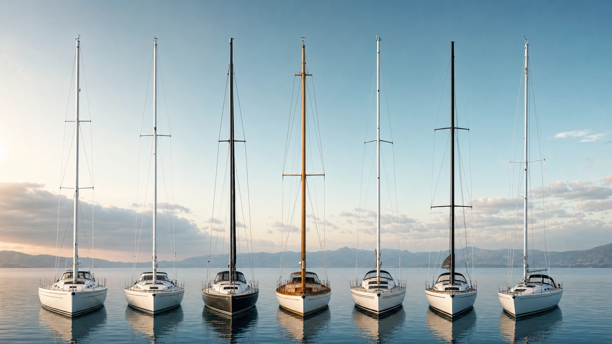 Personale specializzato installa un albero per barca a vela in fibra di carbonio su uno yacht di lusso presso un cantiere navale dotato di gru ad alta capacità.