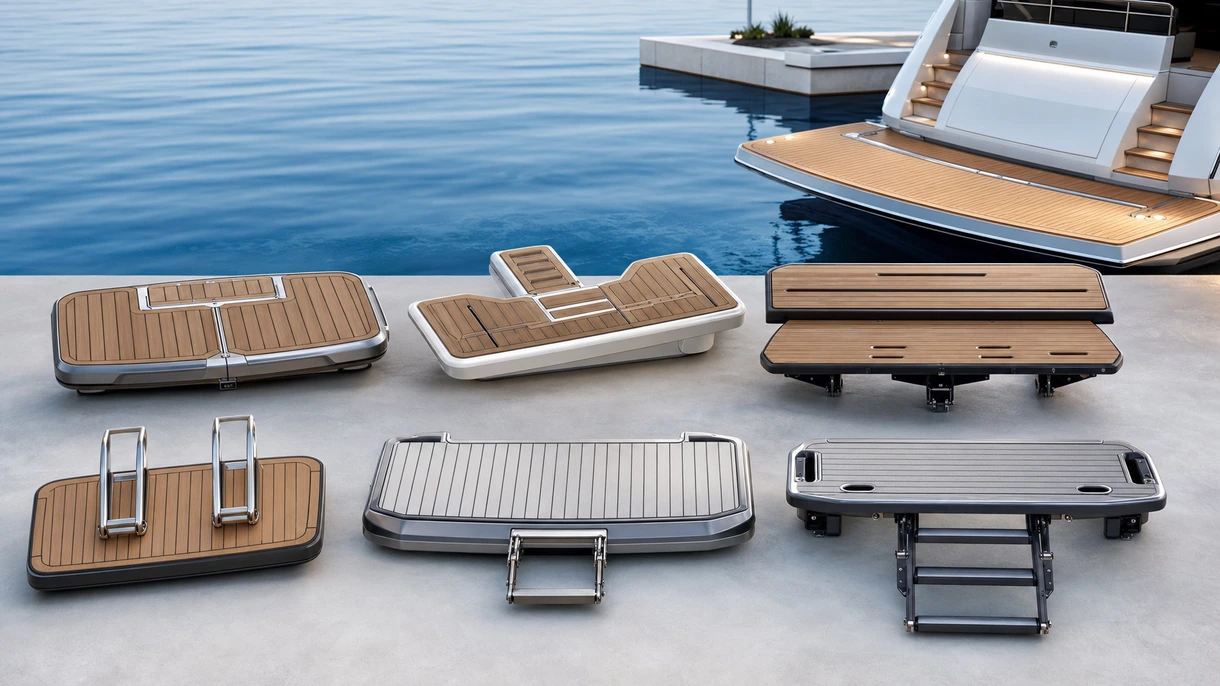 Piattaforma da bagno idraulica che cala in acqua un tender rigido dalla poppa di un grande yacht a motore.