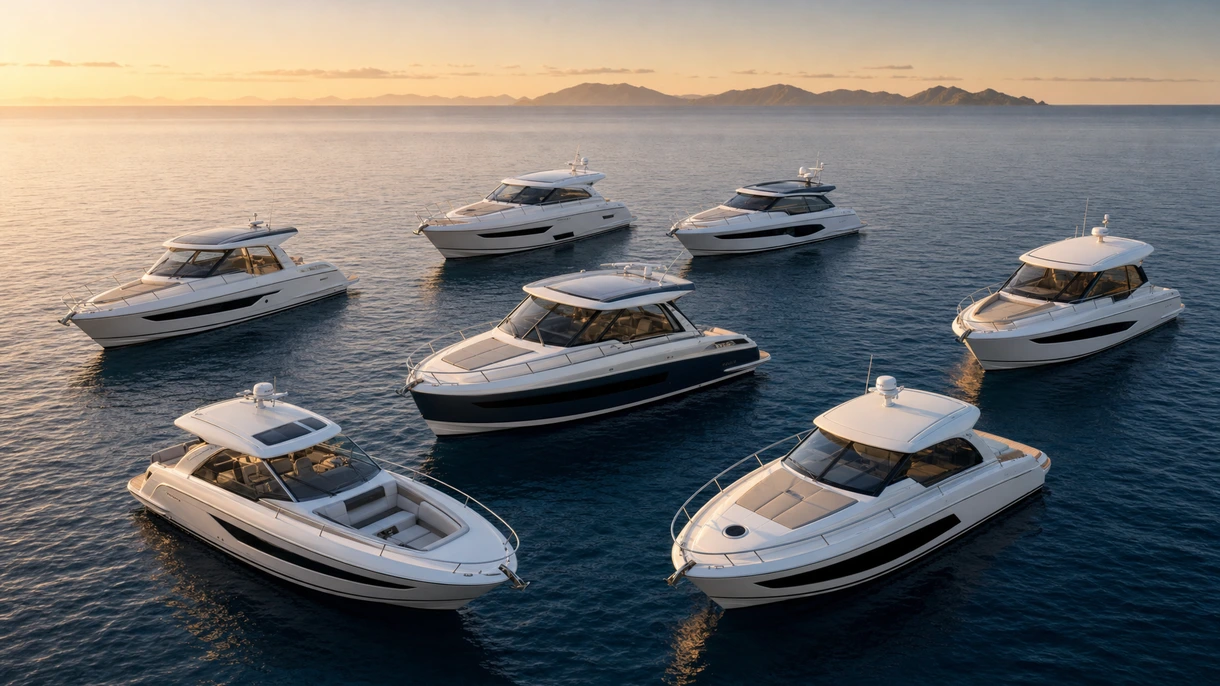Yacht hard-top professionale in navigazione in acque costiere, con profilo aerodinamico elegante e plancia di comando integrata per operatori di flotte.