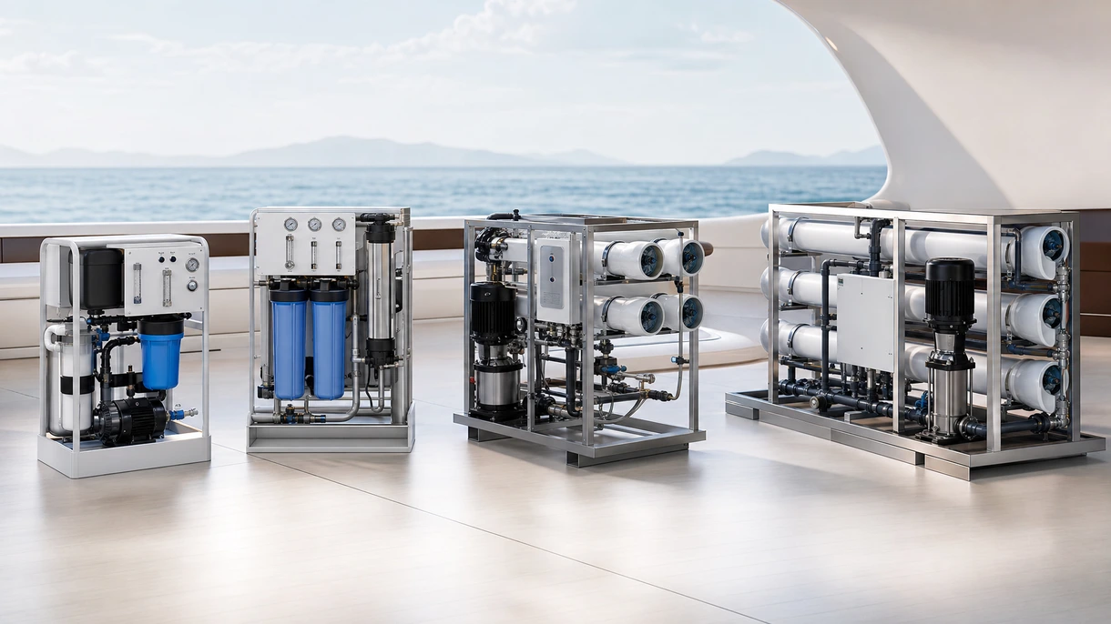 Equipaggio di uno yacht commerciale che monitora un sistema di dissalazione a osmosi inversa modulare installato nella sala macchine di un'imbarcazione moderna.