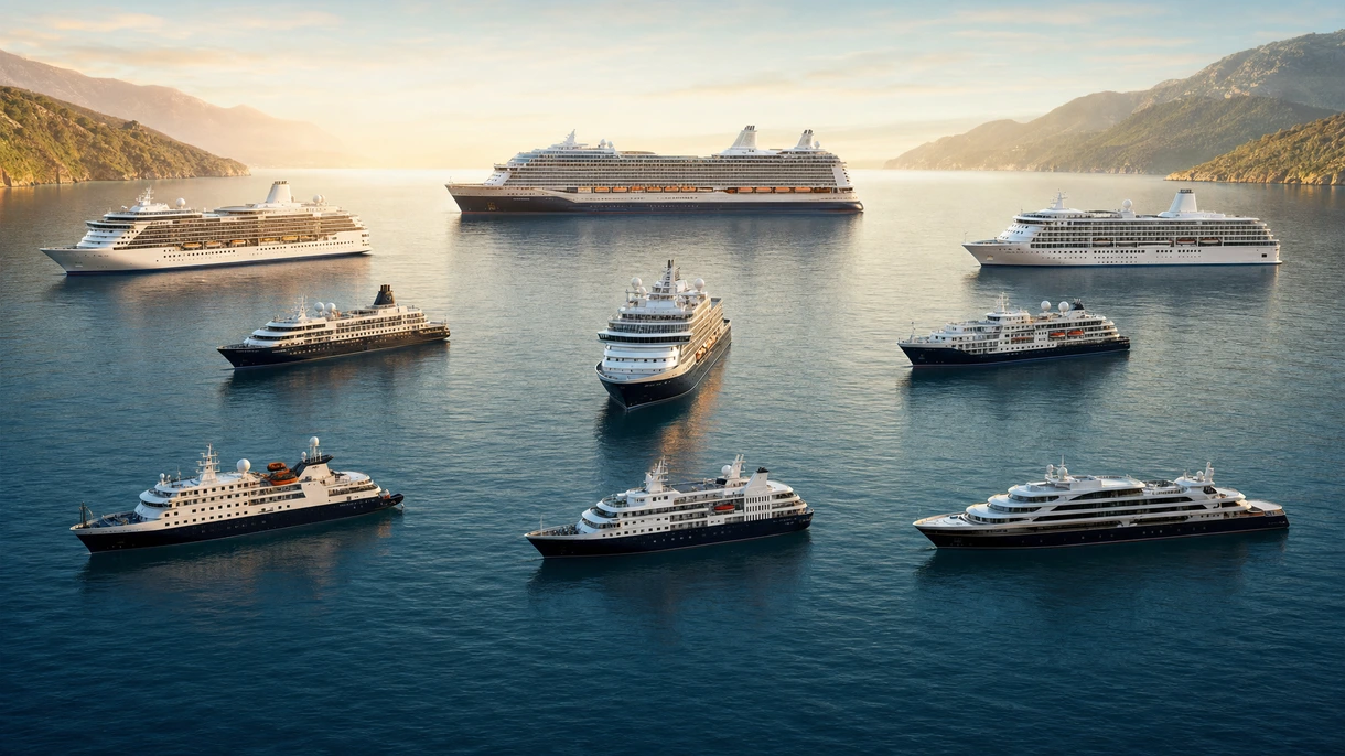 Nave da crociera professionale in fase di attracco presso un moderno terminal marittimo con l'assistenza di un rimorchiatore e infrastrutture portuali pesanti visibili.