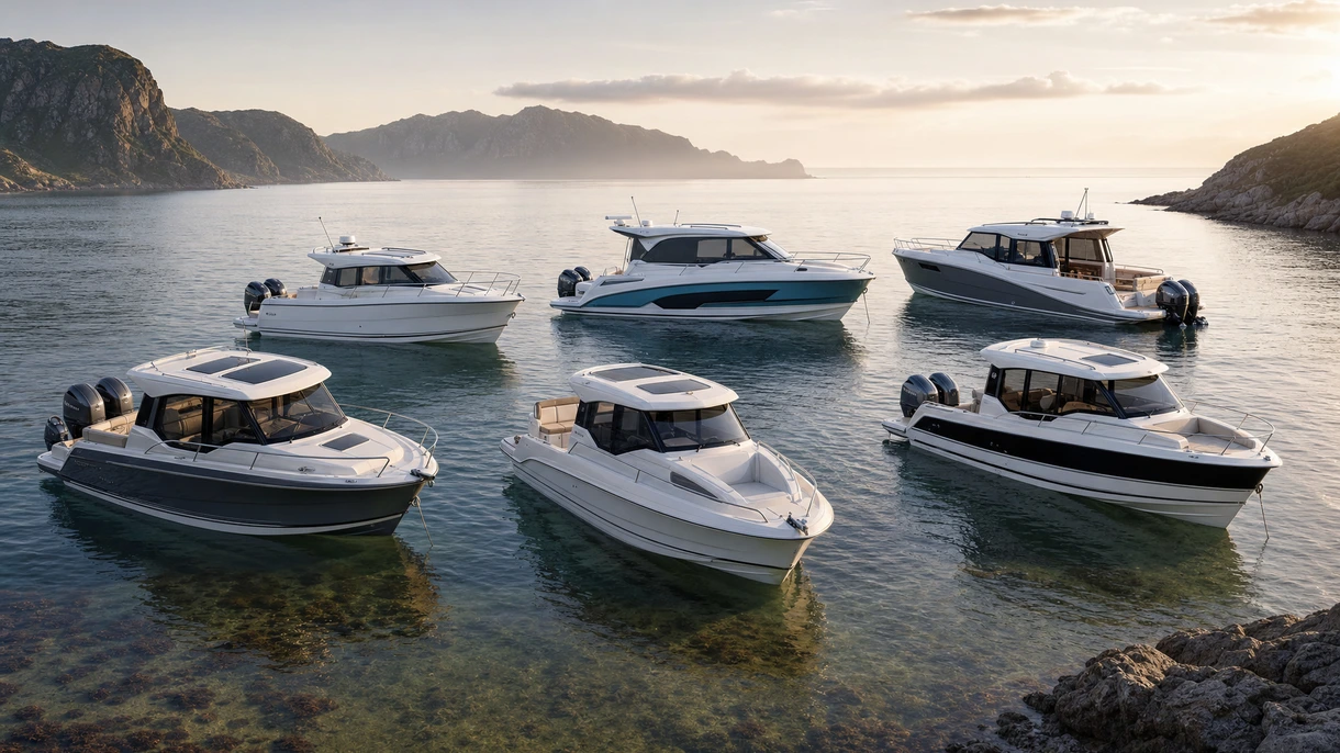 Cabin-cruiser fuoribordo commerciale in navigazione in acque costiere durante prove in mare ad alta velocità per la valutazione dell'acquisto di una flotta professionale.
