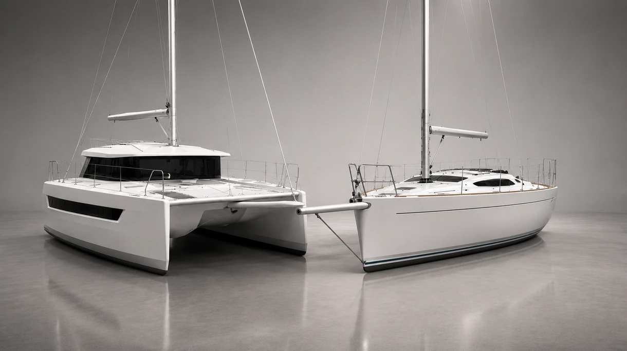 Barca a vela da regata professionale che dispiega uno spinnaker asimmetrico da un bompresso in fibra di carbonio durante una competizione nautica.