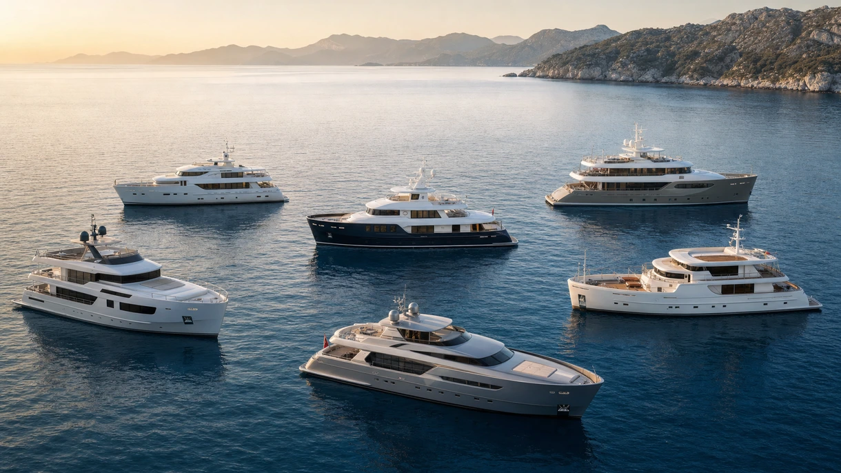 Yacht con scafo dislocante professionale in navigazione con mare formato, a dimostrazione della stabilità dello scafo durante una spedizione marittima a lungo raggio.