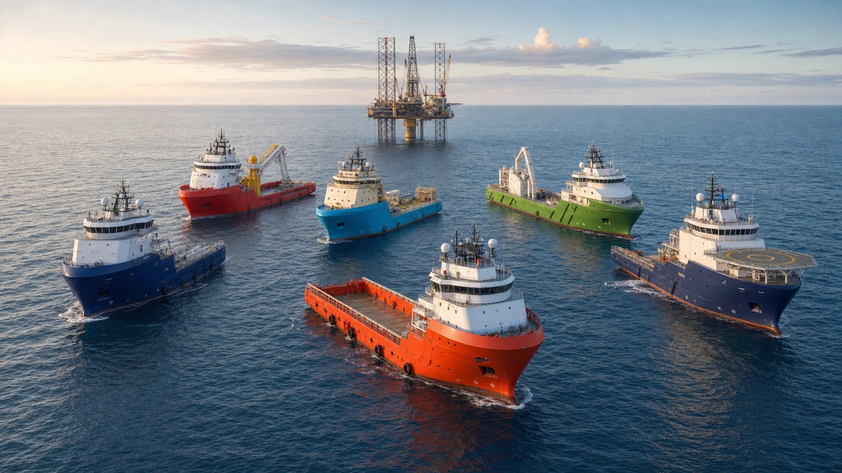 Nave di supporto offshore che mantiene la posizione vicino a una piattaforma in acque profonde durante il trasferimento di carichi pesanti nel Mare del Nord.
