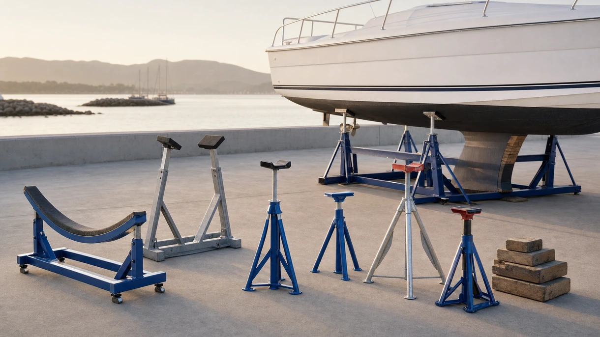 Tacchi zincati per carichi pesanti che sostengono un grande yacht a motore su una pavimentazione in cemento di un cantiere navale durante la manutenzione invernale.