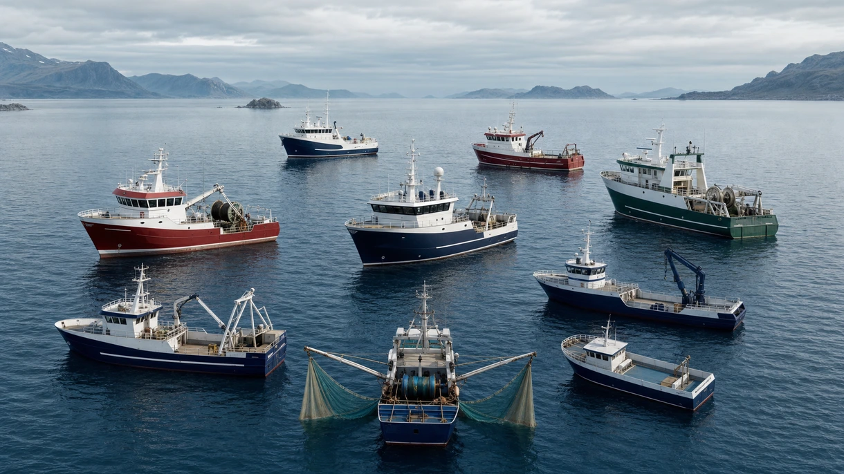 Peschereccio a strascico professionale impegnato nel recupero del pescato nelle acque dell'Atlantico settentrionale in condizioni di mare agitato per la gestione della flotta.