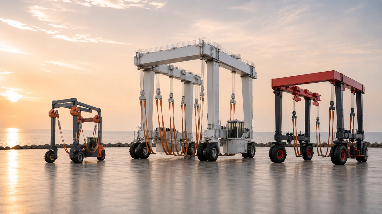 Travel lift per carichi pesanti durante il sollevamento di un grande motor yacht in un cantiere navale professionale europeo per la manutenzione stagionale.