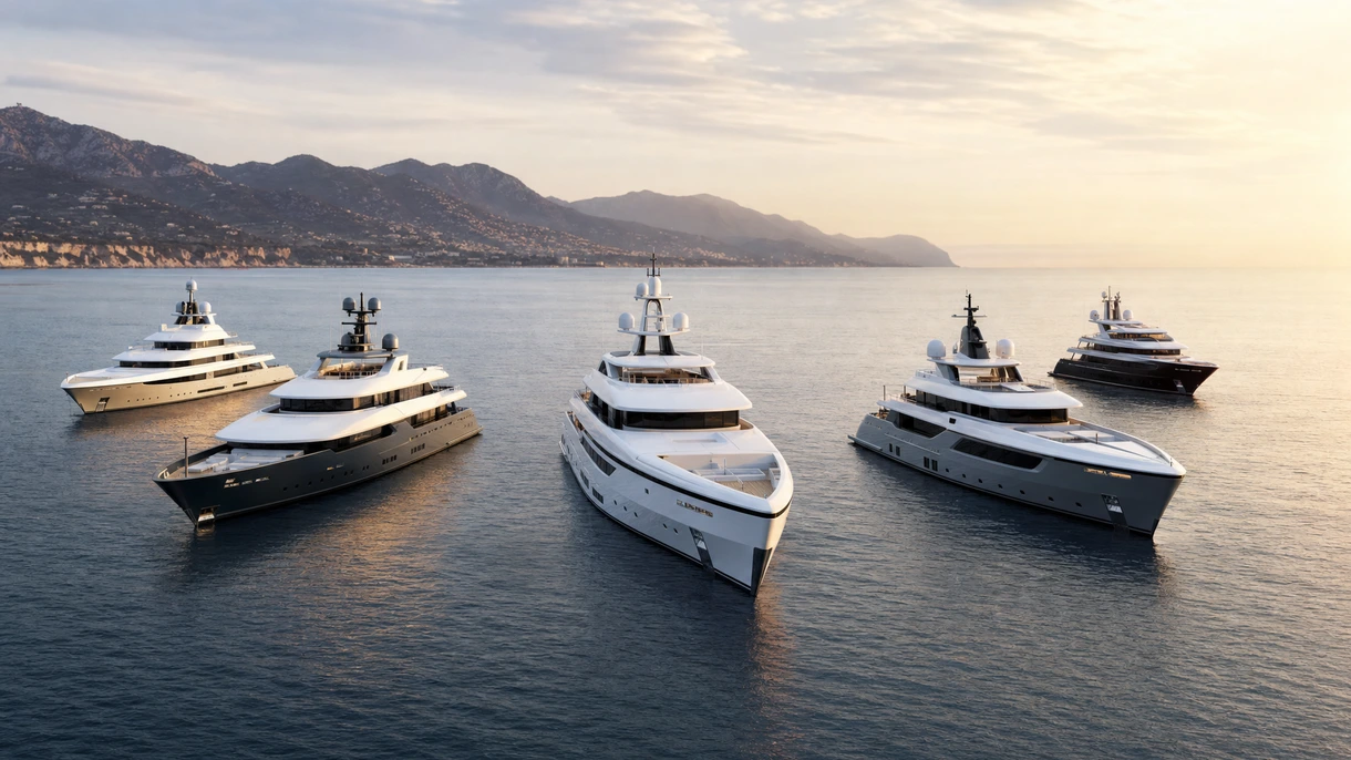 Mega-yacht da crociera professionale in navigazione nelle acque costiere del Mediterraneo durante una prova in mare ufficiale con ingegneri navali a bordo.