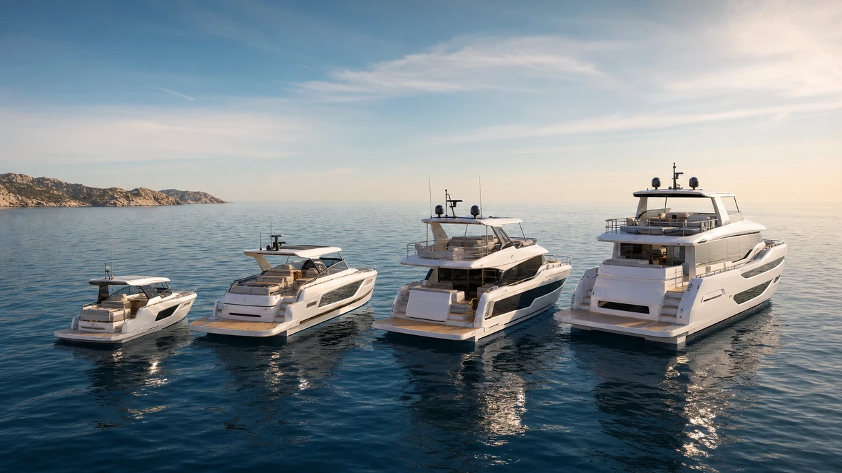 Motor-yacht IPS POD professionale in navigazione in acque libere, che mostra stabilità della carena ed efficienza della scia durante le prove in mare ad alta velocità.