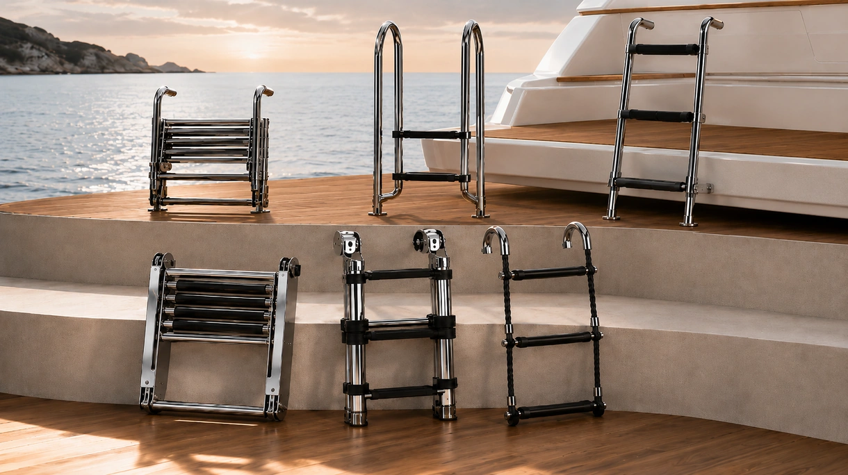 Subacqueo professionista che utilizza una scaletta da bagno in acciaio inox ad alta resistenza su un'imbarcazione commerciale durante operazioni marittime offshore.
