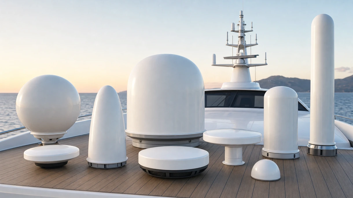 Un'antenna radome a stato solido ad alte prestazioni montata sull'albero di un motor yacht professionale durante una missione di sorveglianza costiera.