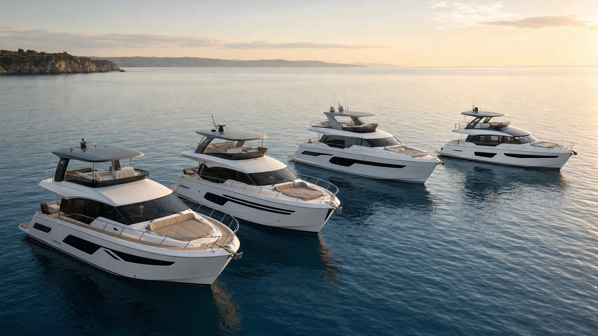 Un motor-yacht con 4 cabine in navigazione in acque costiere, che mette in risalto il design aerodinamico dello scafo e l'ampio flybridge.