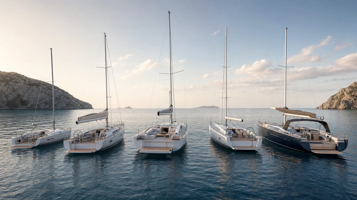 Equipaggio professionale a bordo di un sailing-yacht ad alte prestazioni con ampio specchio di poppa aperto durante una prova tecnica in mare aperto.