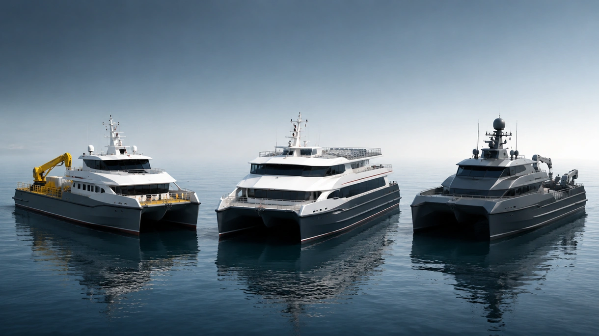 Nave catamarano commerciale in navigazione in un trafficato terminal portuale europeo durante operazioni di traghetto passeggeri ad alta velocità in acque costiere.