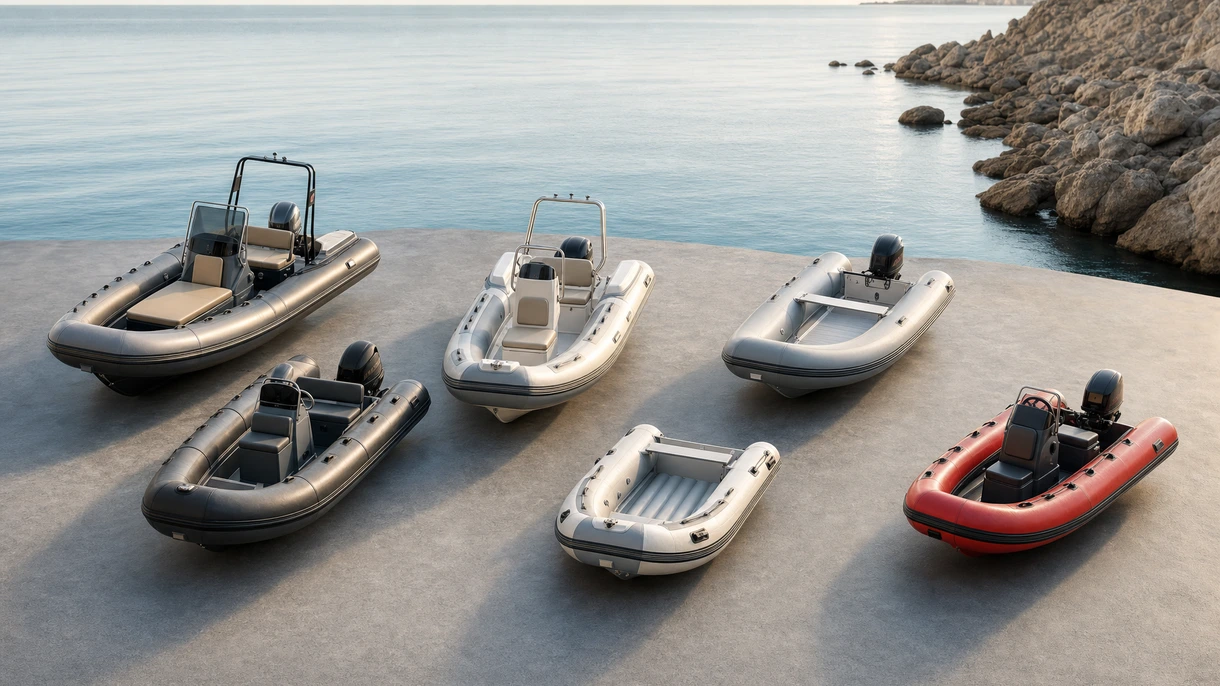 Equipaggio professionale alla guida di un gommone sportivo a carena rigida ad alta velocità durante il trasporto da nave a terra in acque costiere agitate.