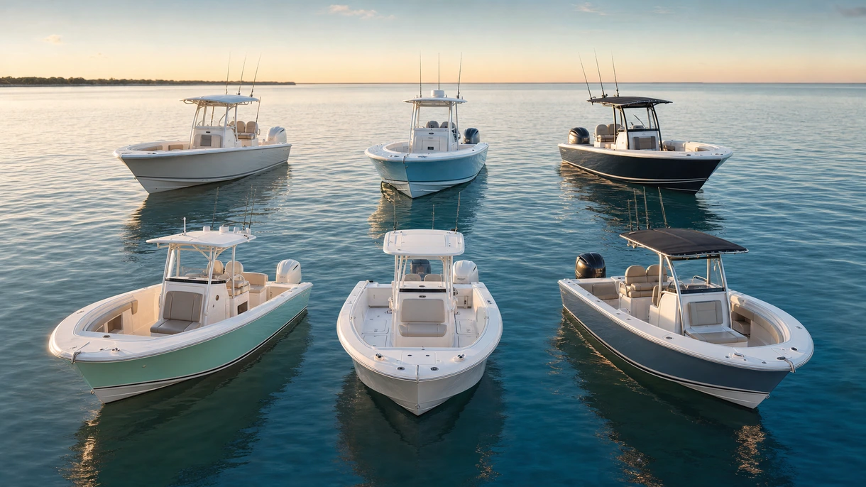 Barca open da pesca professionale in navigazione d'altura ad alta velocità durante una prova in mare per charter commerciale.