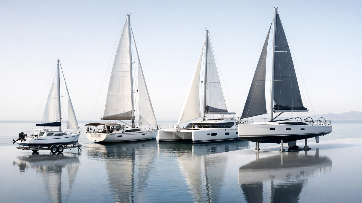 Barca a vela da crociera professionale per navigazione d'altura mentre affronta le onde dell'oceano aperto durante la consegna di una flotta marittima a vele spiegate.