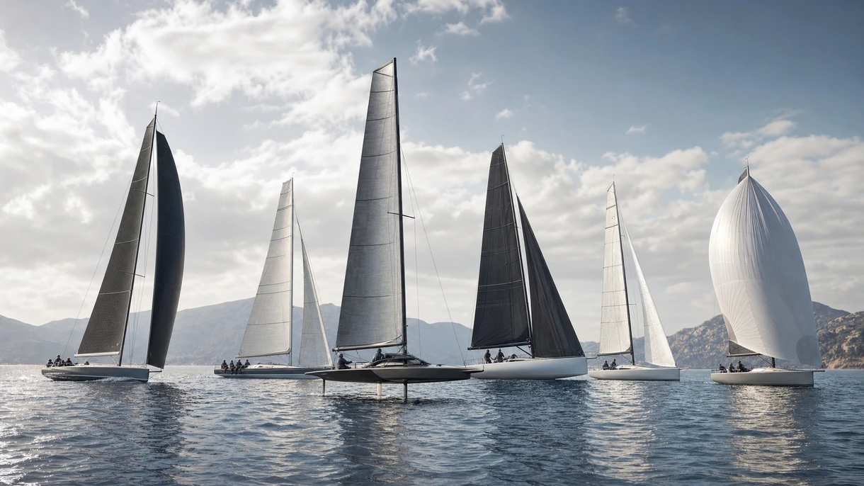 Equipaggio di una barca a vela da regata professionale mentre esegue una manovra ad alta velocità su uno scafo in fibra di carbonio durante una regata d'altura internazionale.