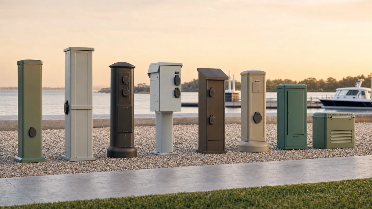 Colonnina elettrica marina professionale installata sulla banchina di un porto turistico di lusso con cavi di alimentazione da terra collegati a un'imbarcazione.