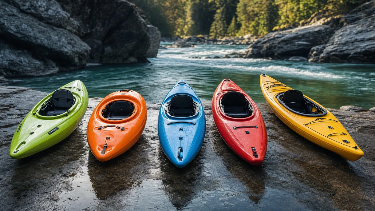 Guide fluviali professioniste impegnate in rapide tecniche ad alta portata utilizzando kayak da torrente in polietilene stampato a rotazione per operazioni di flotta marittima.