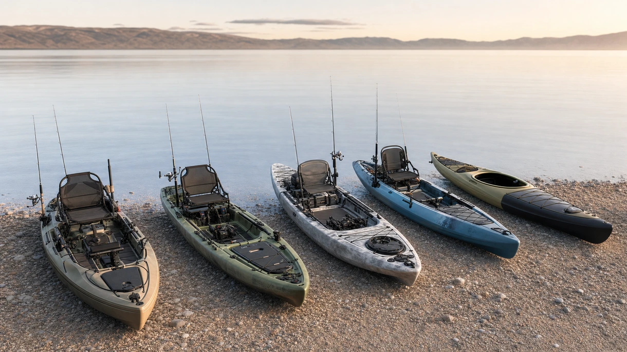 Kayak da pesca professionale equipaggiato con sistema a pedali e sonar, impiegato in un ambiente marino costiero per uso charter.