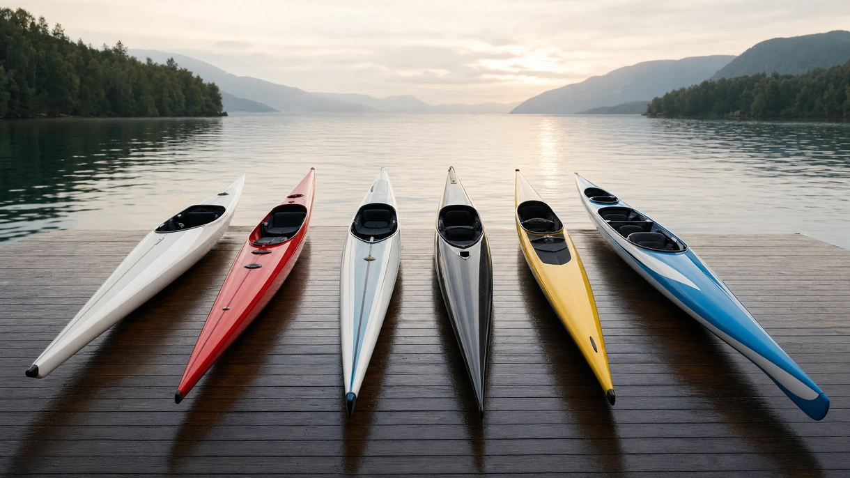 Atleti professionisti che competono su kayak da regata in fibra di carbonio durante un evento sprint nautico ad alta velocità su un campo di gara in acque piatte.