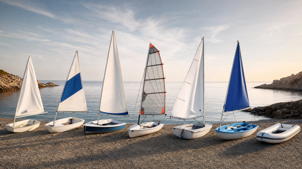 Istruttore di vela professionista guida gli studenti su una flotta di derive da turismo durante una sessione di addestramento marittimo costiero.