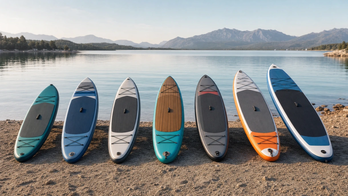 Ospiti di una flotta charter commerciale utilizzano stand-up paddle allround nei pressi di un motor yacht di lusso nelle acque costiere del Mediterraneo.