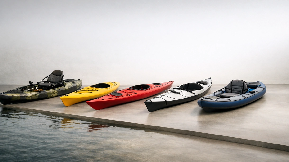 Kayak monoposto professionale calato dalla plancetta di poppa di un luxury yacht durante un'escursione costiera in acque mediterranee.