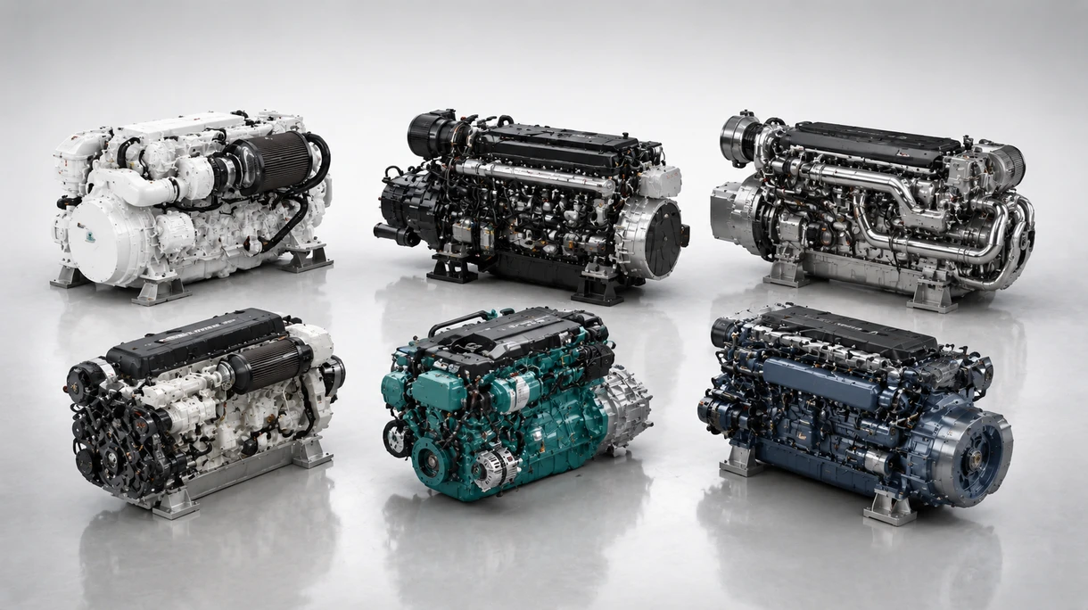 Motore diesel marino a sei cilindri in linea per impieghi gravosi, installato nella sala macchine di un'imbarcazione commerciale con accesso professionale per la manutenzione.