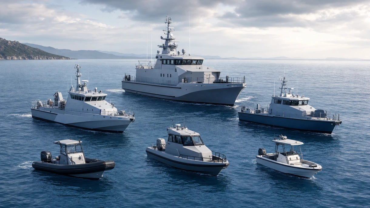 Barca professionale patrol boat in alluminio durante l'esecuzione di manovre tattiche per operazioni di sorveglianza e sicurezza marittima costiera.