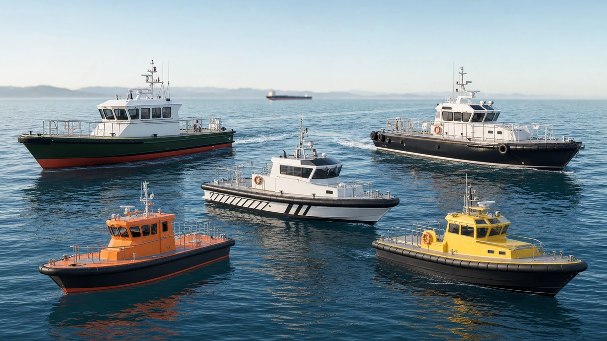Barca professionale pilotina impegnata in una manovra di abbordo ad alta velocità a fianco di una grande nave portacontainer tra le forti onde del Mare del Nord.