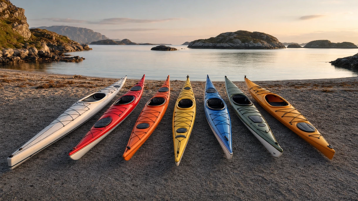 Flotta professionale di kayak da mare dispiegata da una nave di supporto marittimo per una spedizione commerciale guidata in acque costiere.