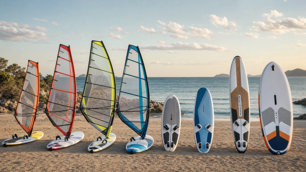 Una tavola da windsurf professionale posizionata sulla banchina di una marina accanto a una flotta di imbarcazioni di supporto e attrezzature.