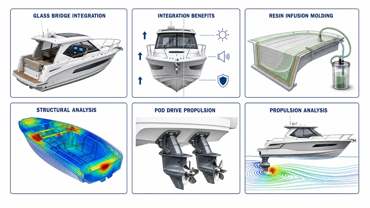 Primo piano tecnico di una struttura hard-top in fibra di carbonio che mostra i supporti radar integrati e i canali di drenaggio aerodinamici su uno yacht.