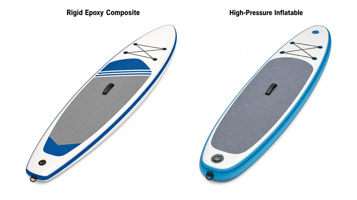 Vista macro del PVC rinforzato a doppio strato e delle cuciture termosaldate su uno stand-up paddle marittimo professionale.