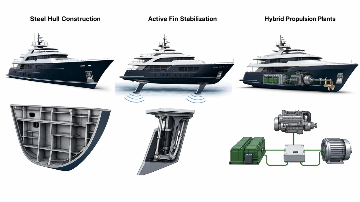Primo piano tecnico di uno yacht con scafo dislocante che mostra stabilizzatori a pinne attive e rivestimento antivegetativo ad alta resistenza.