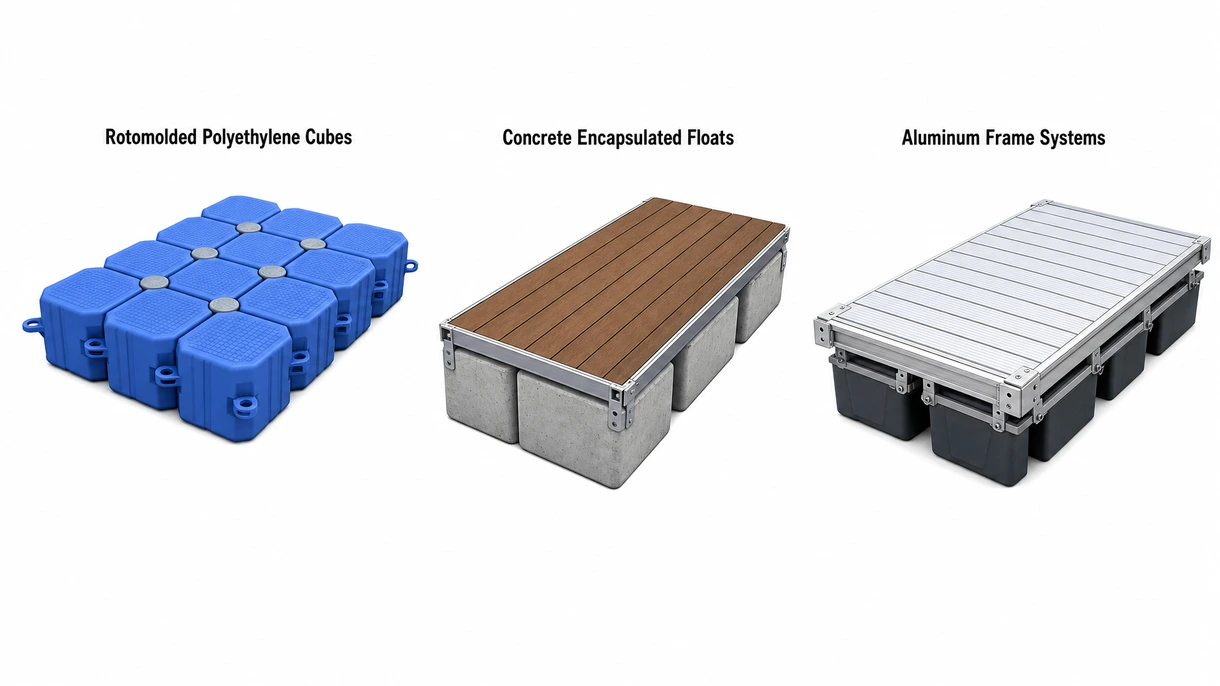 Dettaglio di perni di interconnessione heavy-duty e materiale HDPE stabilizzato ai raggi UV su una sezione di pontile modulare galleggiante di grado professionale.