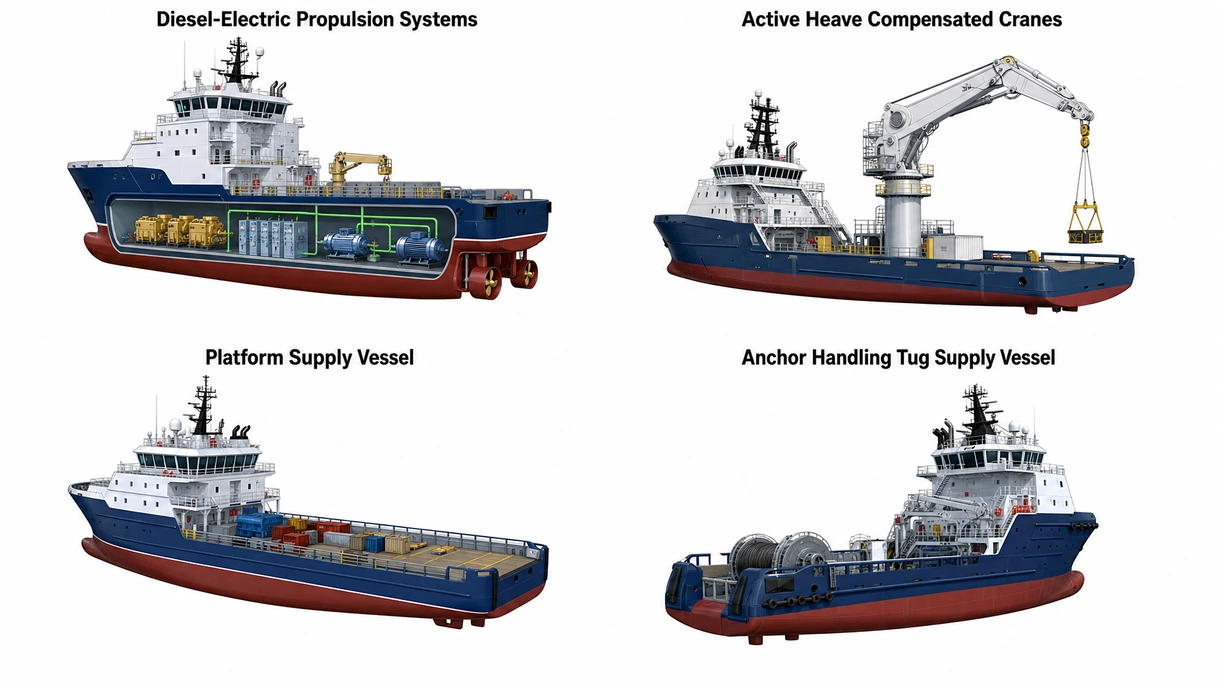 Primo piano tecnico di un propulsore per il posizionamento dinamico e di un verricello con compensazione attiva del moto ondoso su una nave di supporto offshore.