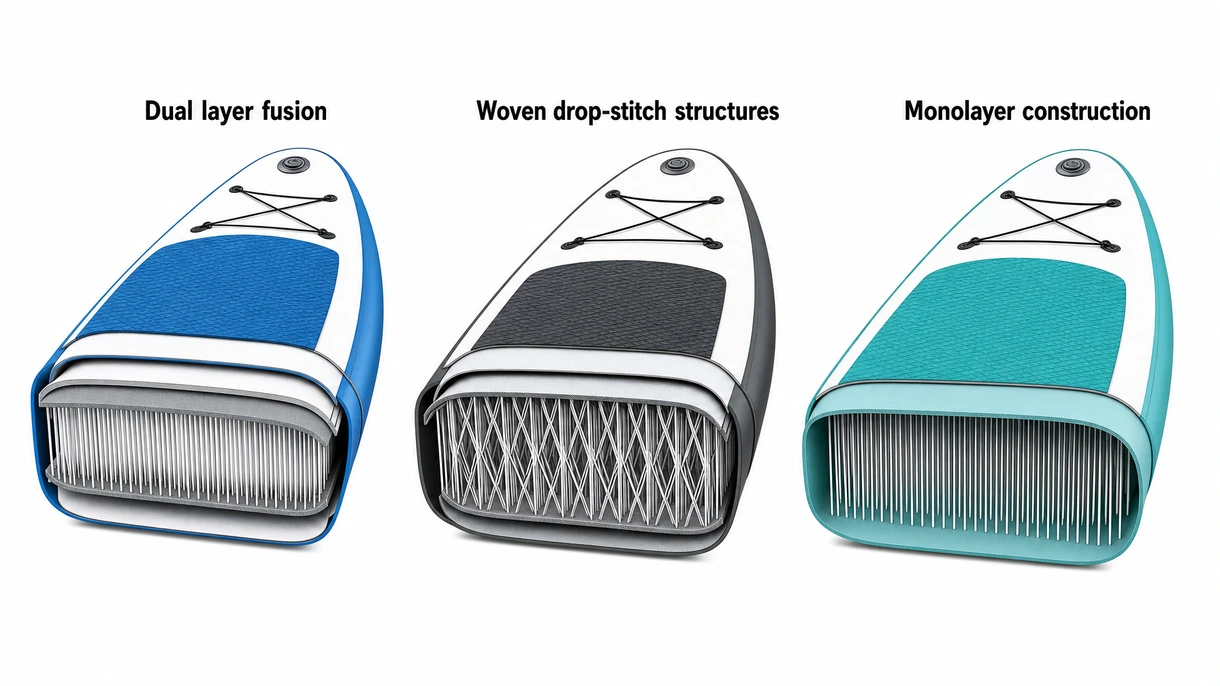 Vista tecnica dettagliata delle fibre interne in drop-stitch intrecciato e del rivestimento fusion a doppio strato su un iSUP di grado professionale.