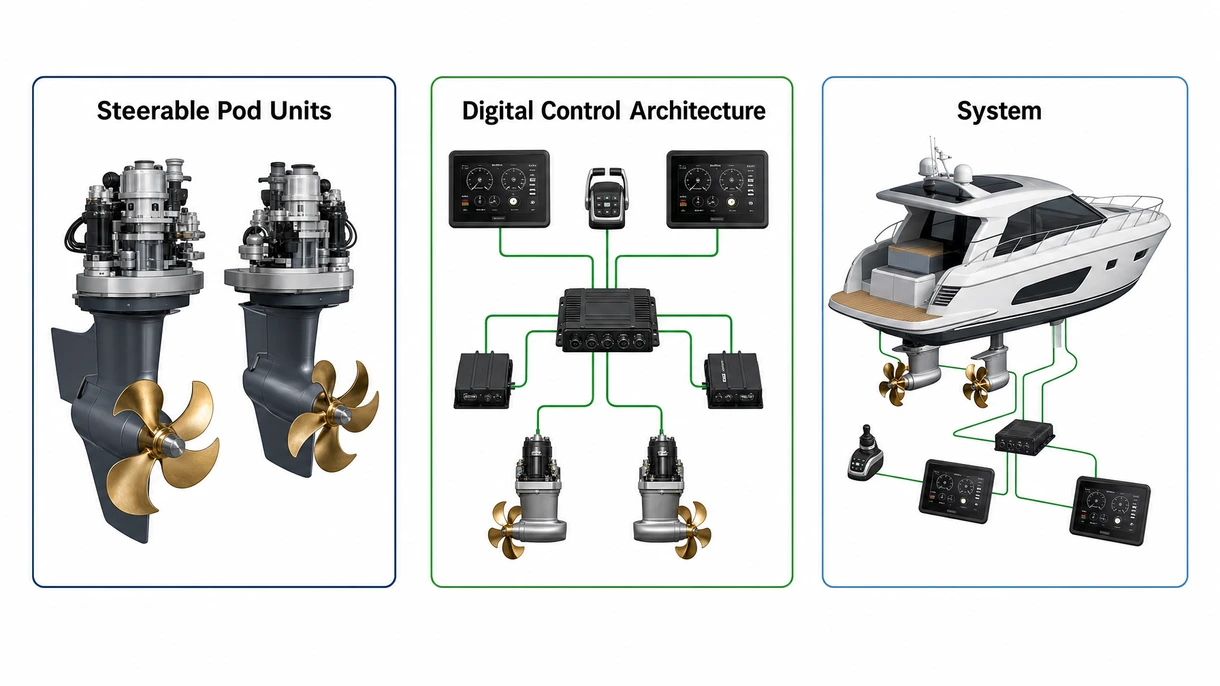 Primo piano tecnico di un'unità di propulsione orientabile IPS pod montata sullo scafo di uno yacht, che mostra le eliche controrotanti rivolte in avanti.