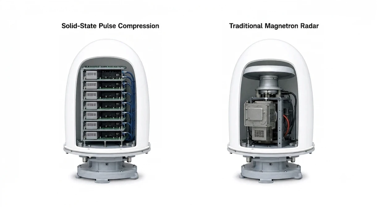 Primo piano tecnico di un'antenna radome nautica compatta che mostra l'alloggiamento robusto resistente alle intemperie e i dettagli della porta di connettività NMEA.