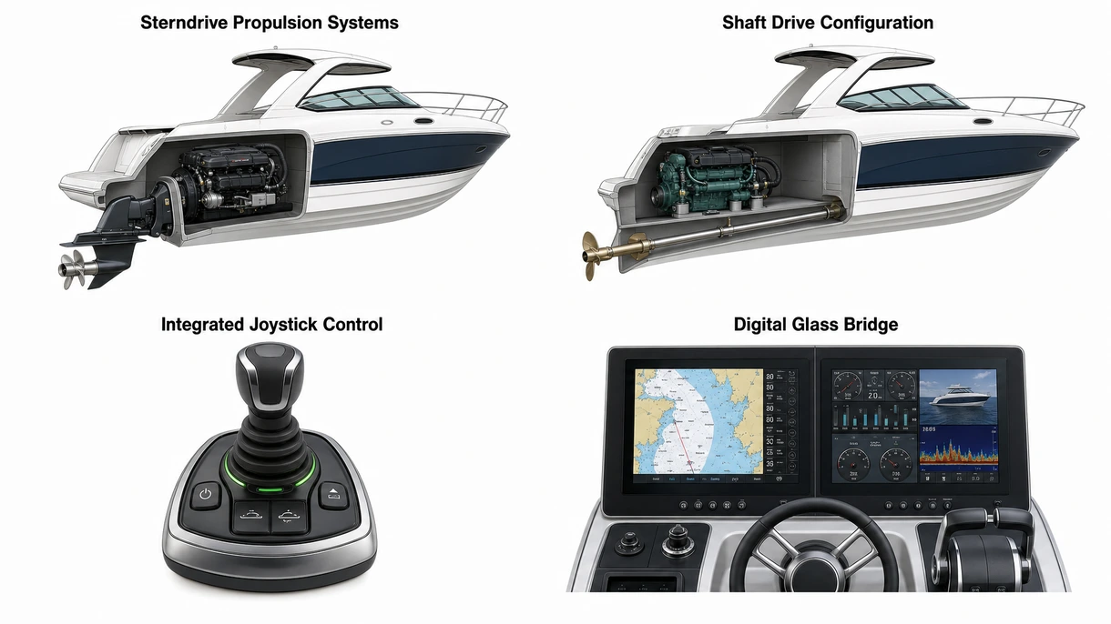 Vista tecnica dettagliata di un sistema di propulsione entrobordo a doppio motore che mostra i punti di manutenzione accessibili e le prese d'aria di raffreddamento ad acqua marina.