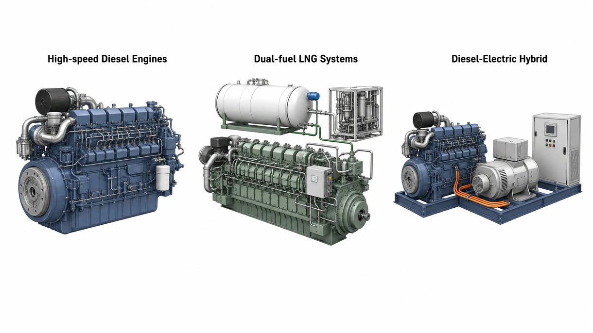 Vista dettagliata di un sistema di iniezione common rail su un moderno motore professionale diesel ad alta velocità per applicazioni marittime.
