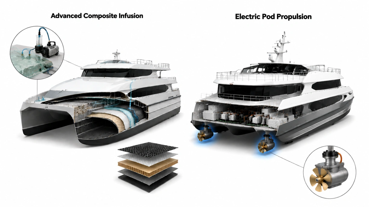 Primo piano tecnico del sistema hydrofoil di una nave catamarano che mostra l'ingegneria navale di precisione e i componenti in acciaio inossidabile di alta qualità.